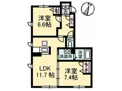 グランディール新山口 B棟(2LDK/1階)の間取り写真