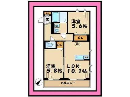 ポワール東長沼(2LDK/2階)の間取り写真