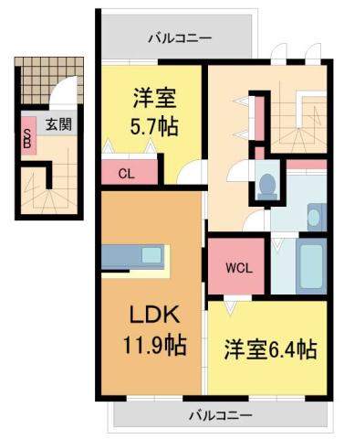 カーサガリレA棟(2LDK/2階)の間取り写真