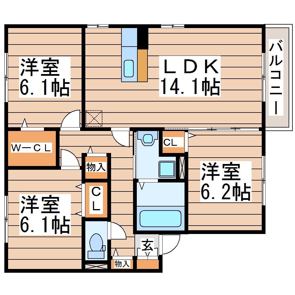 ボヌール・ヒルズ市名坂C(3LDK/2階)の間取り写真