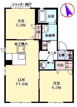 エクセラン殿川C棟(2LDK/1階)の間取り写真