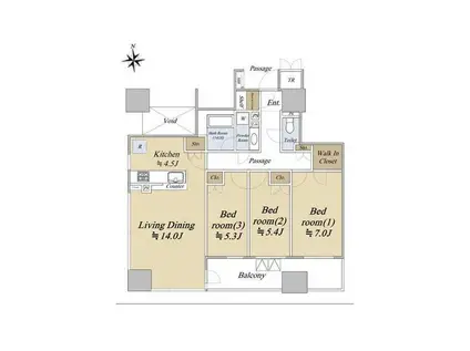 クレヴィアタワー御堂筋本町(3LDK/23階)の間取り写真