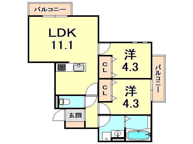 アレーズコート苦楽園(2LDK/2階)の間取り写真