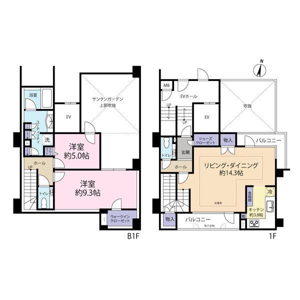 ブリリア中央図書館前 TWIN PATIO(2LDK/1階)の間取り写真