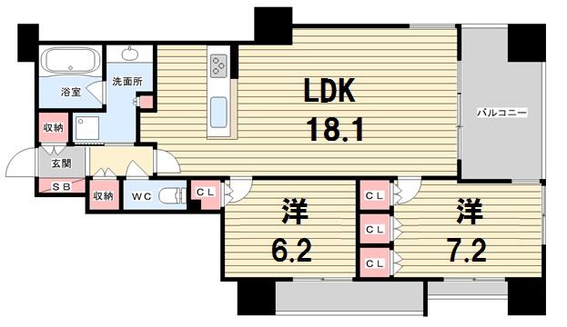 ファインフラッツ京都山科(2LDK/6階)の間取り写真