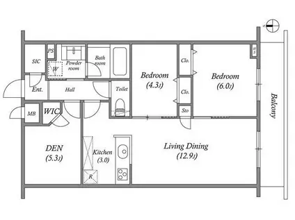 プライムガーデン若木(2SLDK/4階)の間取り写真