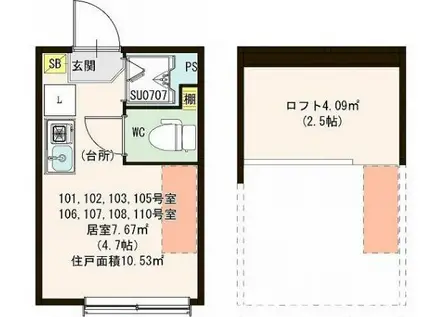 ハーモニーテラス豊島V(ワンルーム/1階)の間取り写真