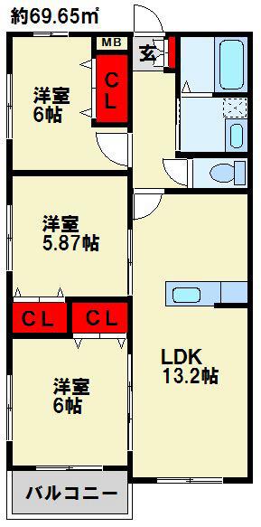 ブランボヌール小倉(3LDK/2階)の間取り写真