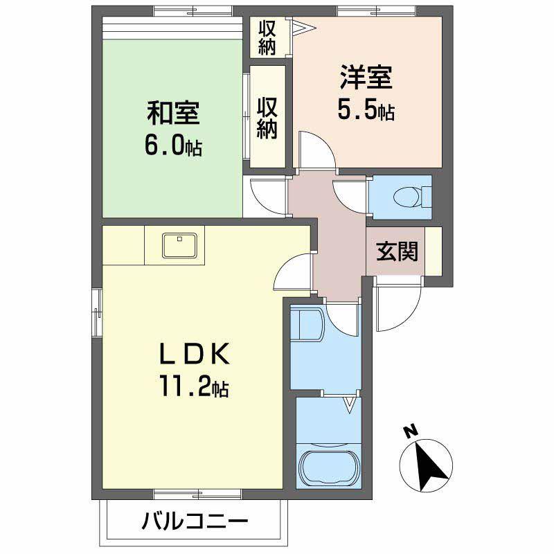 ハピネス不動院B棟(2LDK/2階)の間取り写真