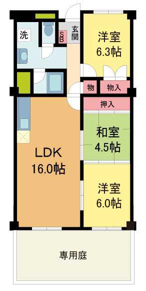 逆瀬川グリーンハイツ B棟(3LDK/1階)の間取り写真