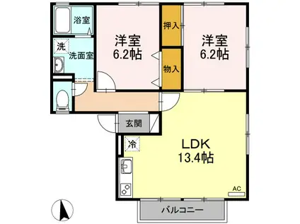 ハイカムールおびたB(2LDK/2階)の間取り写真