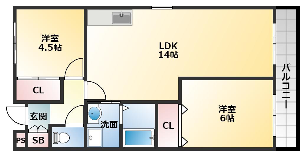 ロイヤルハイツ一津屋(2LDK/1階)の間取り写真
