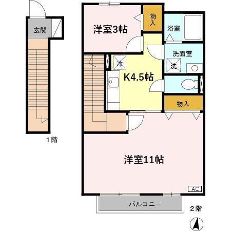 ルミエール花の木 B棟(2K/2階)の間取り写真