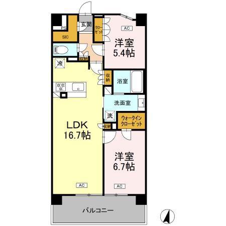 ロイヤルパークス仙台青葉通(2LDK/2階)の間取り写真