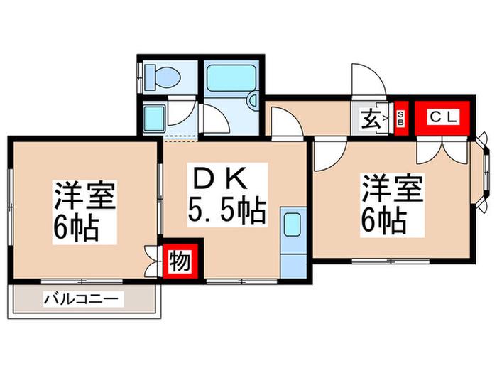 ドムール国立(2DK/2階)の間取り写真