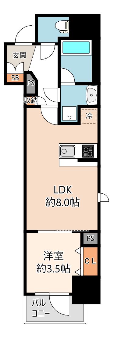 レジュールアッシュ谷町四丁目グランクラス(1LDK/9階)の間取り写真