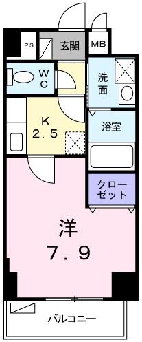 フラットワン(1K/2階)の間取り写真