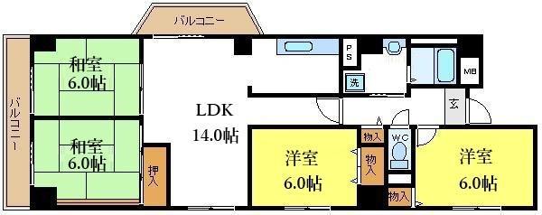 グランドハイツタカノ2(4LDK/4階)の間取り写真