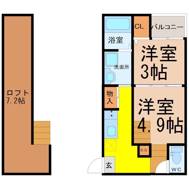 ハーモニーテラス河岸町II(2SK/2階)の間取り写真