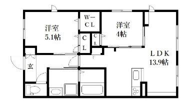 ヒルズ新屋敷(2LDK/1階)の間取り写真