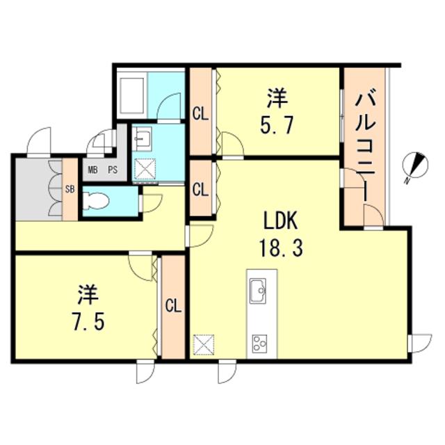 MAIN STAGE 松ノ内 ウエスト棟(2LDK/1階)の間取り写真
