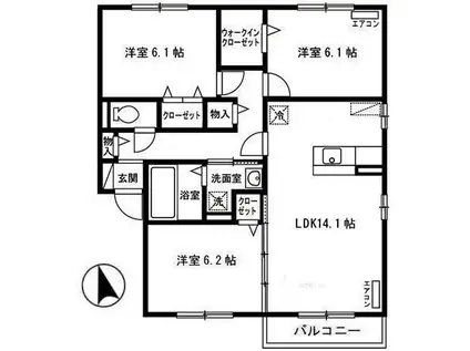 ボヌール・ヒルズ 市名坂 A(3LDK/2階)の間取り写真