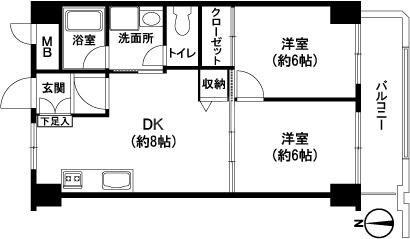 ホワイティ西新(2DK/7階)の間取り写真