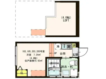 ハーモニーテラス青井II(1K/2階)の間取り写真