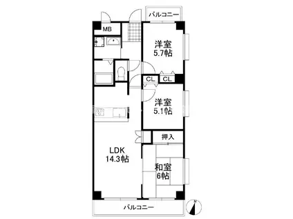 シャルマンフジ堺北(3LDK/1階)の間取り写真