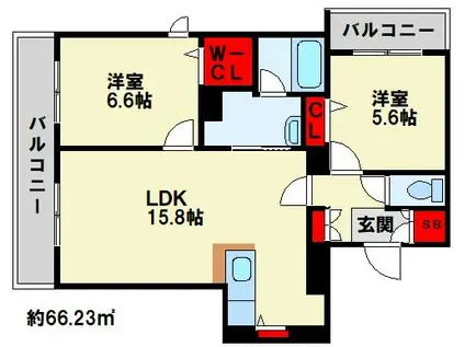  ベレオ本城東(2LDK/3階)の間取り写真