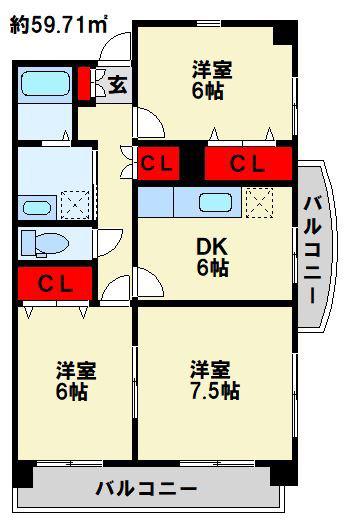 ウェルス守恒(3DK/6階)の間取り写真