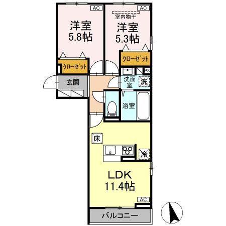 DーROOM六十人町 A A棟(2LDK/3階)の間取り写真