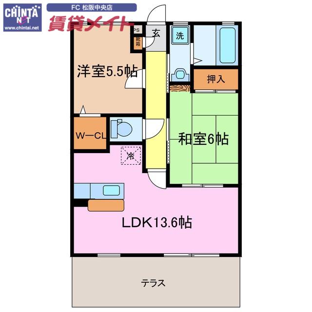 三雲長屋 A棟(2LDK/1階)の間取り写真