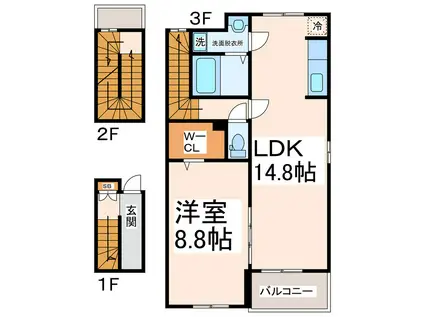熊本市電上熊本線 段山町駅 徒歩6分 3階建 築11年(1LDK/3階)の間取り写真