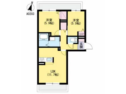 ラ・リュミエール月出(2LDK/2階)の間取り写真