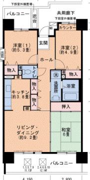 ルゼフィール岩屋中町(3LDK/9階)の間取り写真