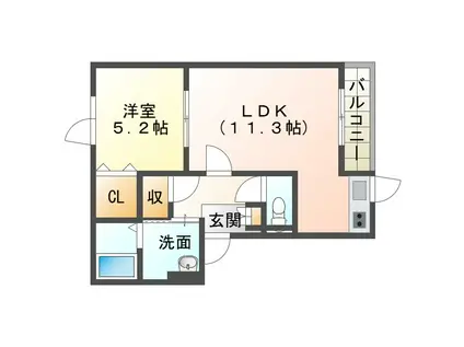 拓勇西町8丁目 B棟(1LDK/3階)の間取り写真
