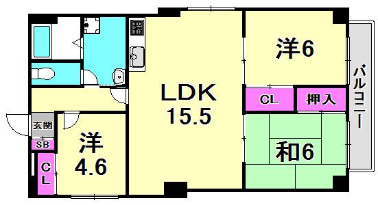 仁川グリーンハイツ(3LDK/6階)の間取り写真