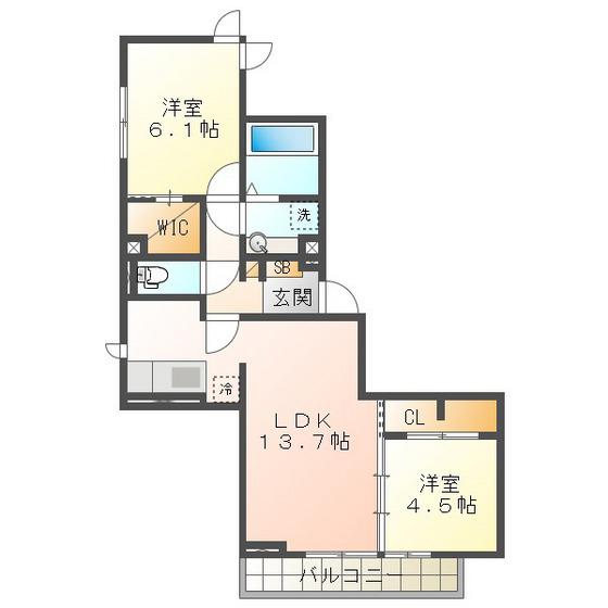 D-CHAMBRE元新町(2LDK/2階)の間取り写真