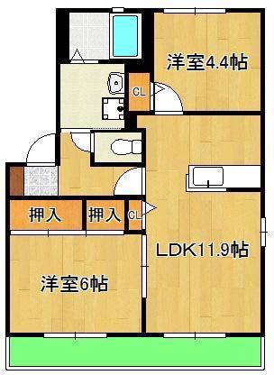 ディアス茶屋の原  B棟(2LDK/1階)の間取り写真