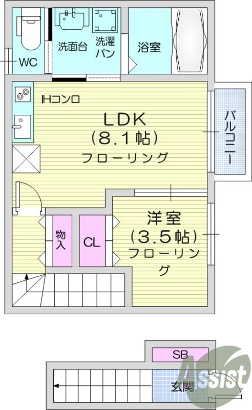 LUMINARE台原Ⅱ(1LDK/2階)の間取り写真