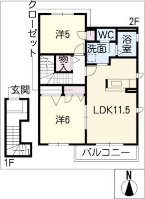 雪月花 B棟(2LDK/2階)の間取り写真