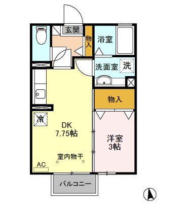 グランブルームB棟(1DK/2階)の間取り写真