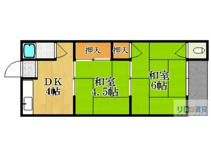 阪急宝塚線 売布神社駅 徒歩13分 2階建 築52年(2DK/2階)の間取り写真