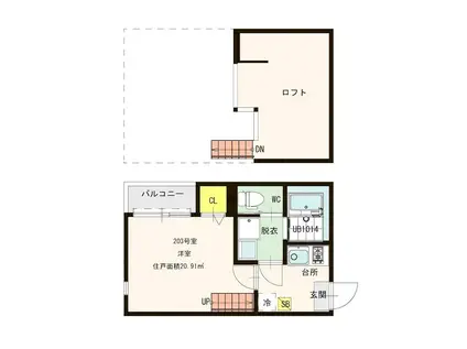 ハーモニーテラス麦野II(1K/2階)の間取り写真