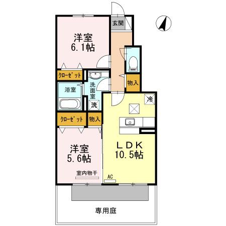 フォンテーヌ金倉 B棟(2LDK/1階)の間取り写真