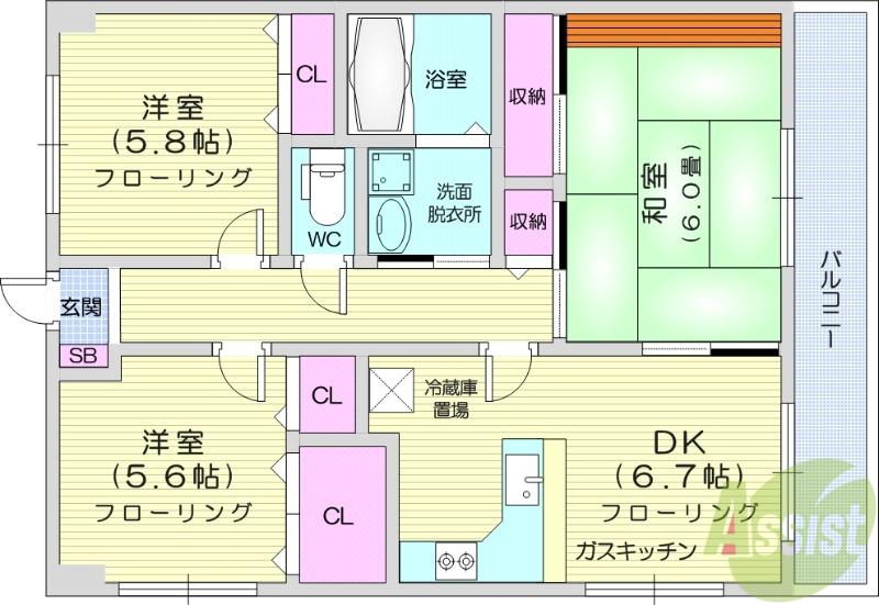 メビウスエース(3DK/4階)の間取り写真