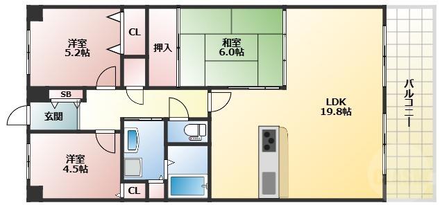 ファミールハイツ北大阪 1号棟(3LDK/1階)の間取り写真