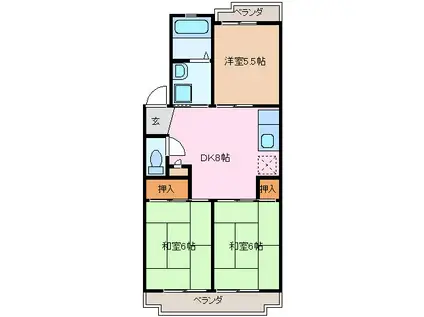 レジデンスブルー(3DK/2階)の間取り写真