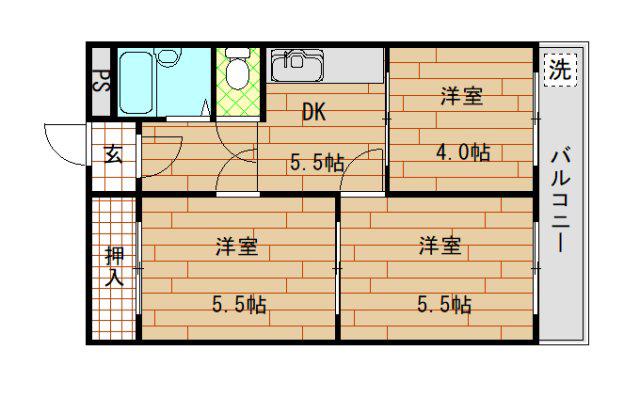 大宝枚岡グリーンヒルズ(3DK/2階)の間取り写真